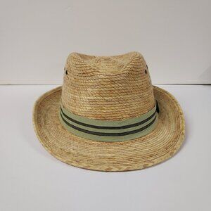 UNBRANDED BEIGE PALMA FEDORA HAT TEXAS GOLD GREEN DECORATIVE TAPE IZ: (58) 7 1/4